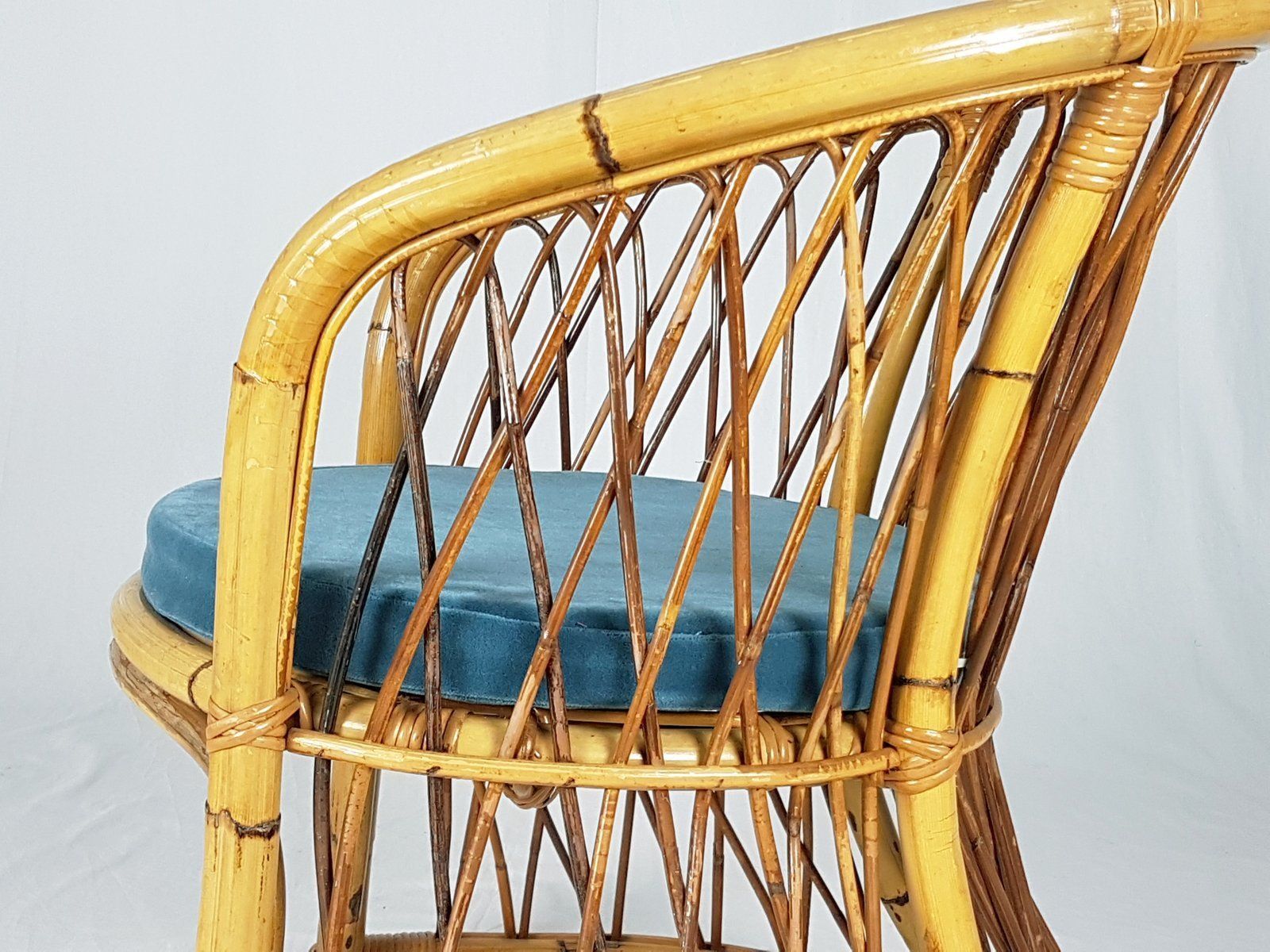 Rush, Rattan & Blue Velvet Armchair, 1960s photo vintage