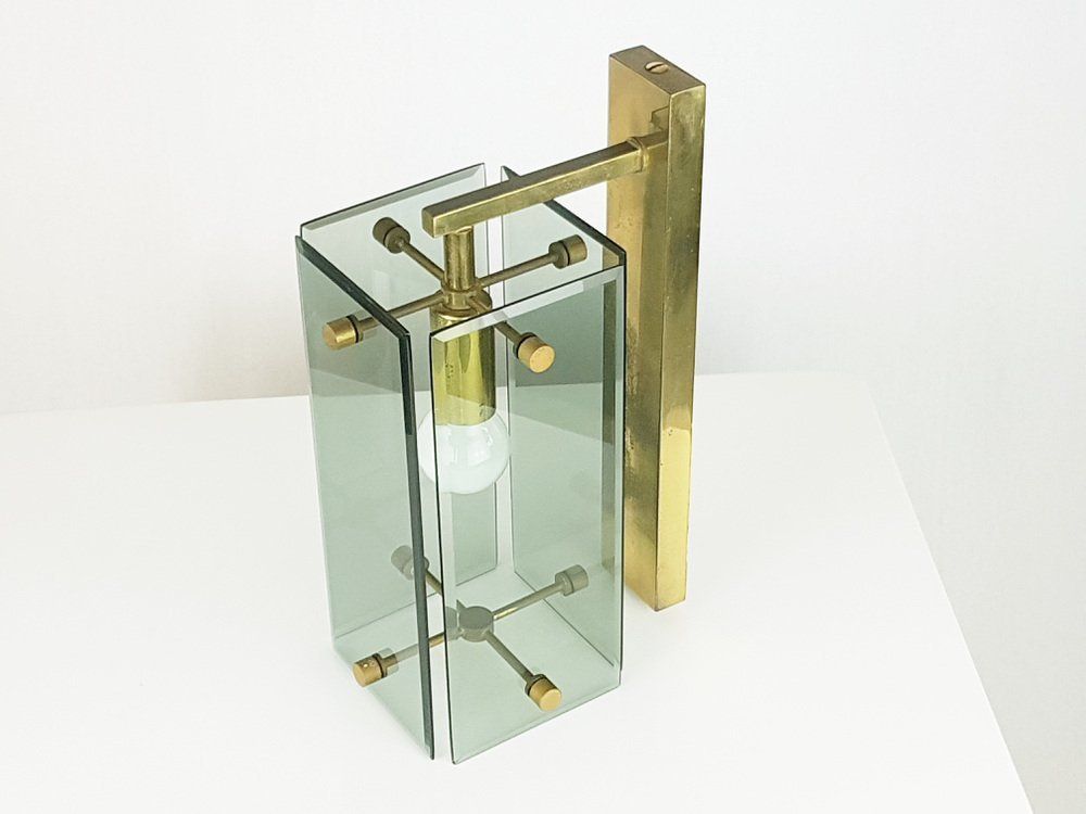 Mid Century Italian Brass And Smoked Glass Sconces From Cristal Art, Set Of 3 photo for sale
