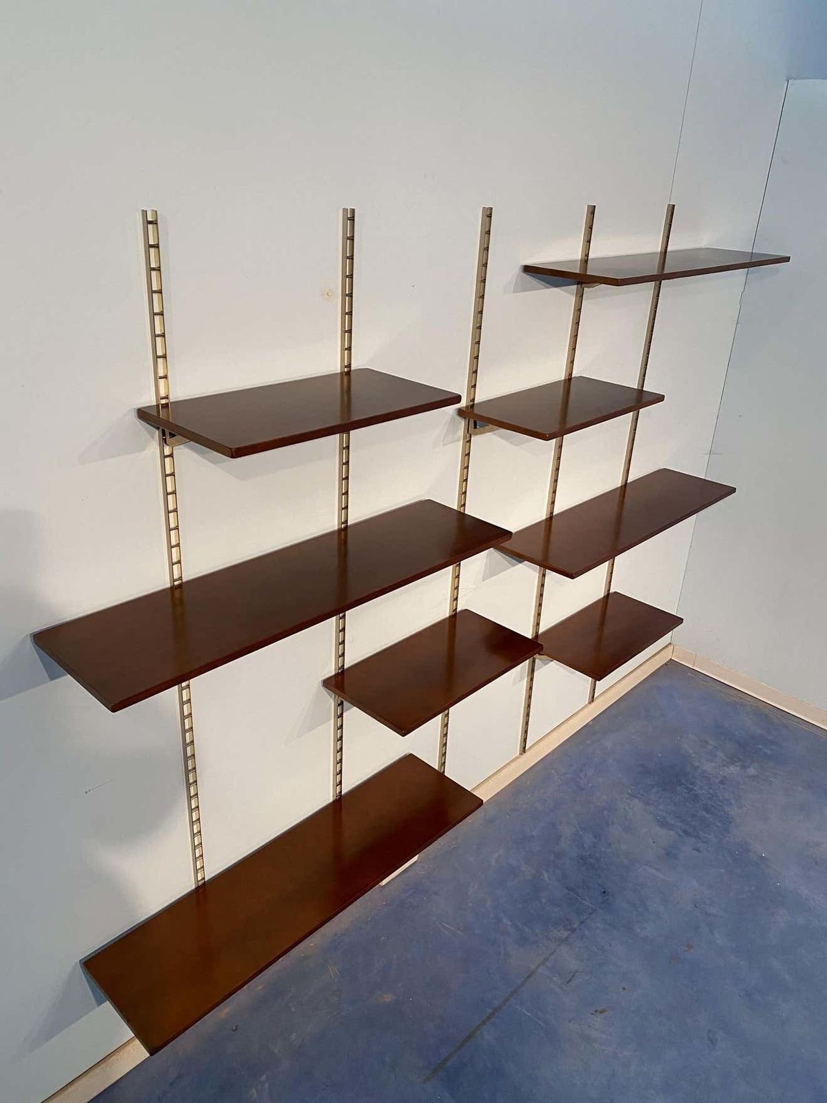 photo buy Italian Mid Century Suspended Wall Unit Boockase In Walnut And Gilded Metal 1960