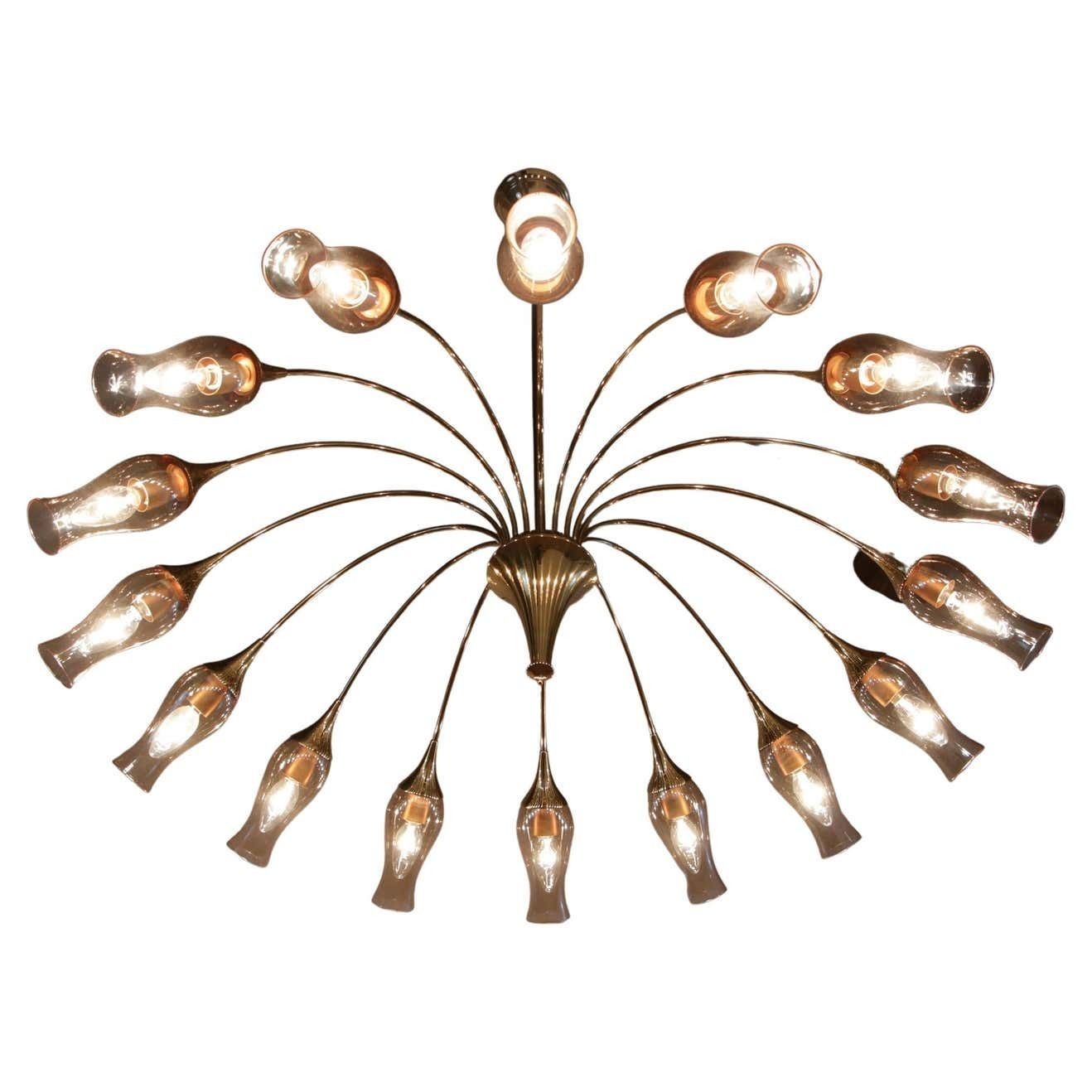 Italian Mid Century Modern Big Spider Murano Glass Chandelier, Gold Color, 1950s