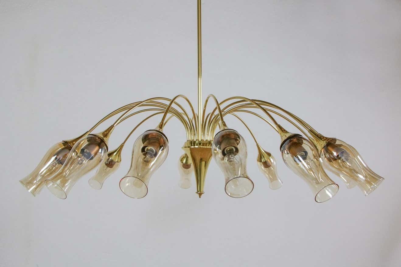 Italian Mid Century Modern Big Spider Murano Glass Chandelier, Gold Color, 1950s photo 4676.0