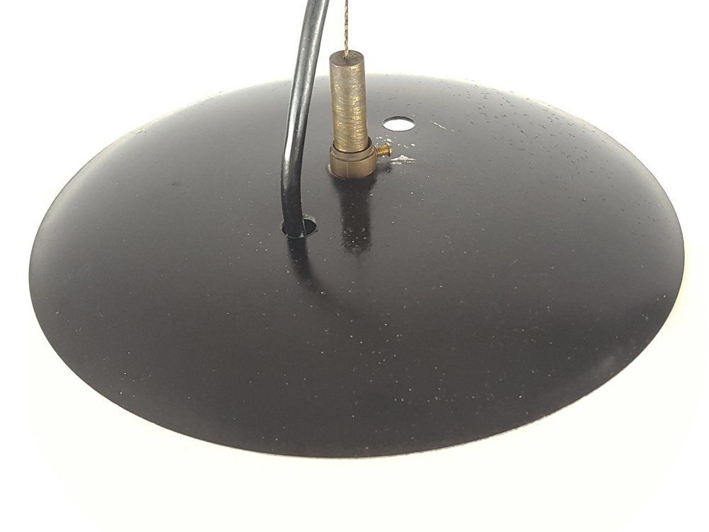 Italian White Opaline Glass, Brass And Black Metal Pendant Lamp Attributed To Stilnovo, 1960s photo 1100.0