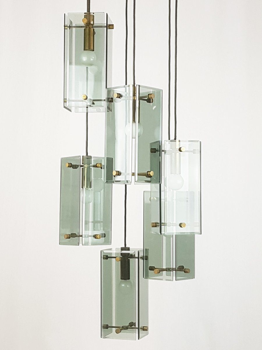 Italian Teak Pendant Lamp In Golden Aluminum And Smoked Glass, 1960s photo vintage