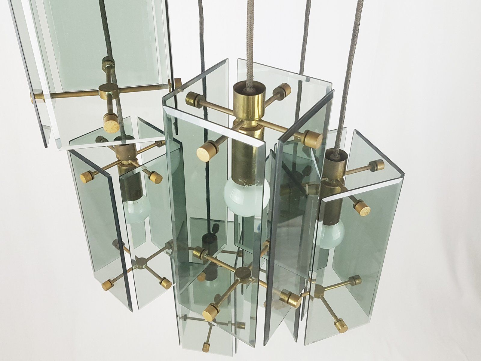 photo for sale Italian Teak Pendant Lamp In Golden Aluminum And Smoked Glass, 1960s
