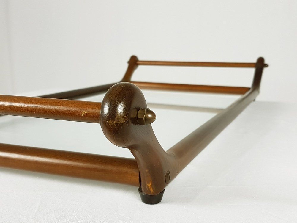 Italian Glass, Brass & Wood Serving Tray, 1960s photo buy