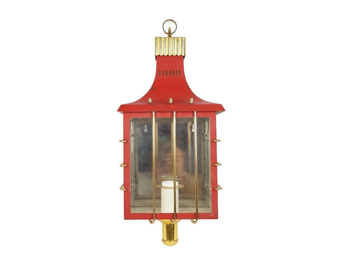 Mid Century Italian Red Metal, Brass, And Glass Sconce