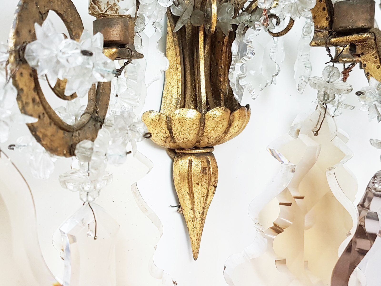 Italian Gold Leaf Metal And Faceted Crystal Sconces With Stars And Obelisks Decor photo vintage