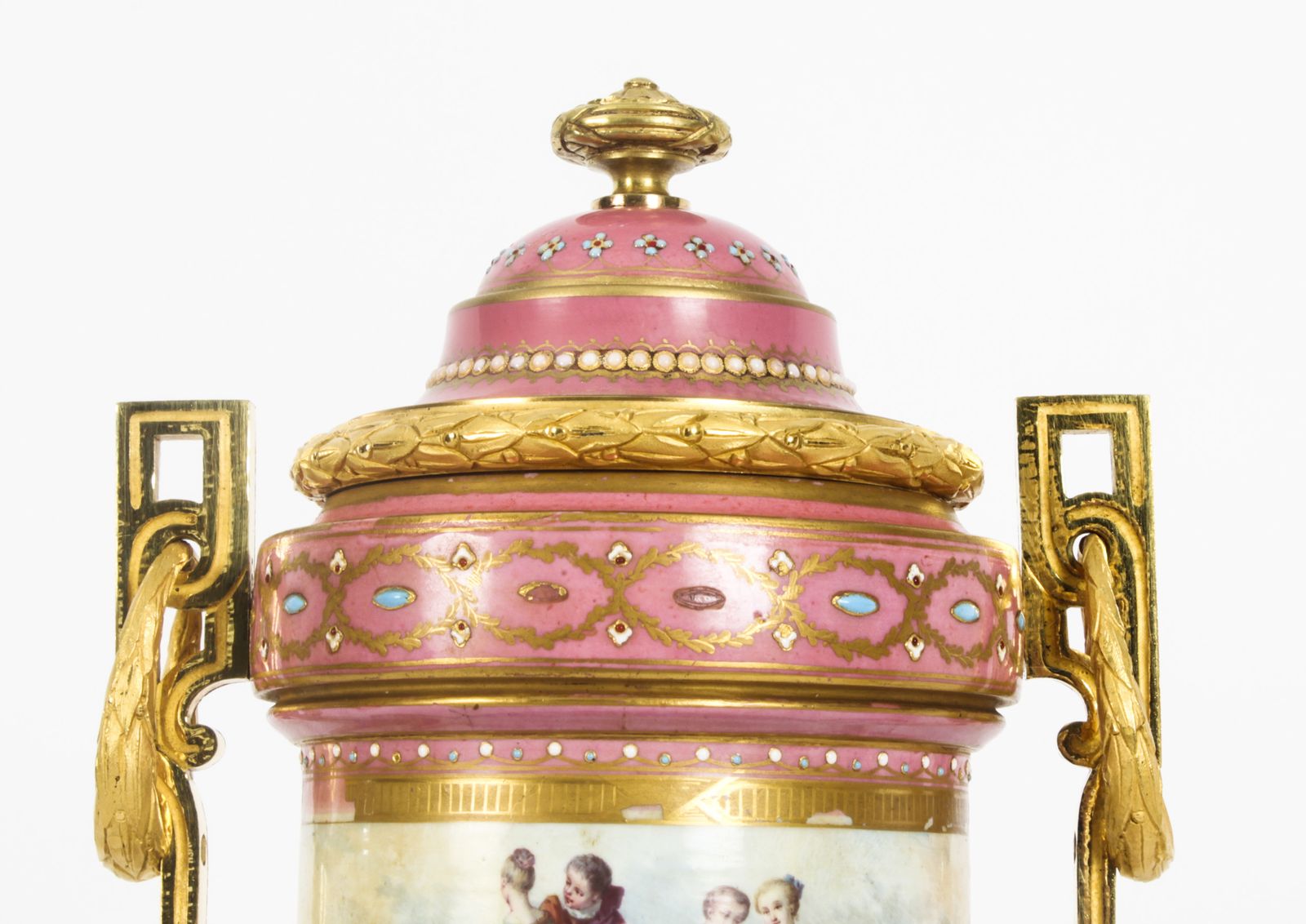 Antique Pair French Ormolu Mounted Pink Sevres Lidded Vases 19th C photo vinterior