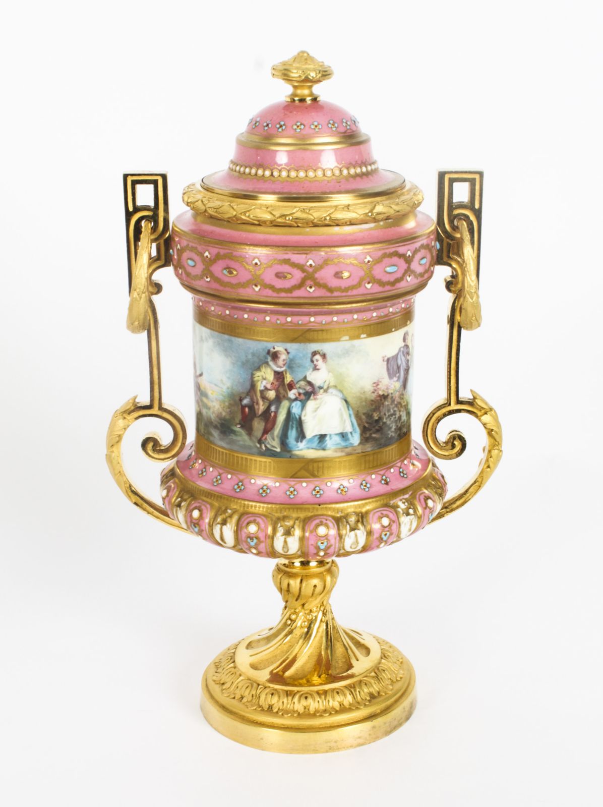 Antique Pair French Ormolu Mounted Pink Sevres Lidded Vases 19th C photo buy