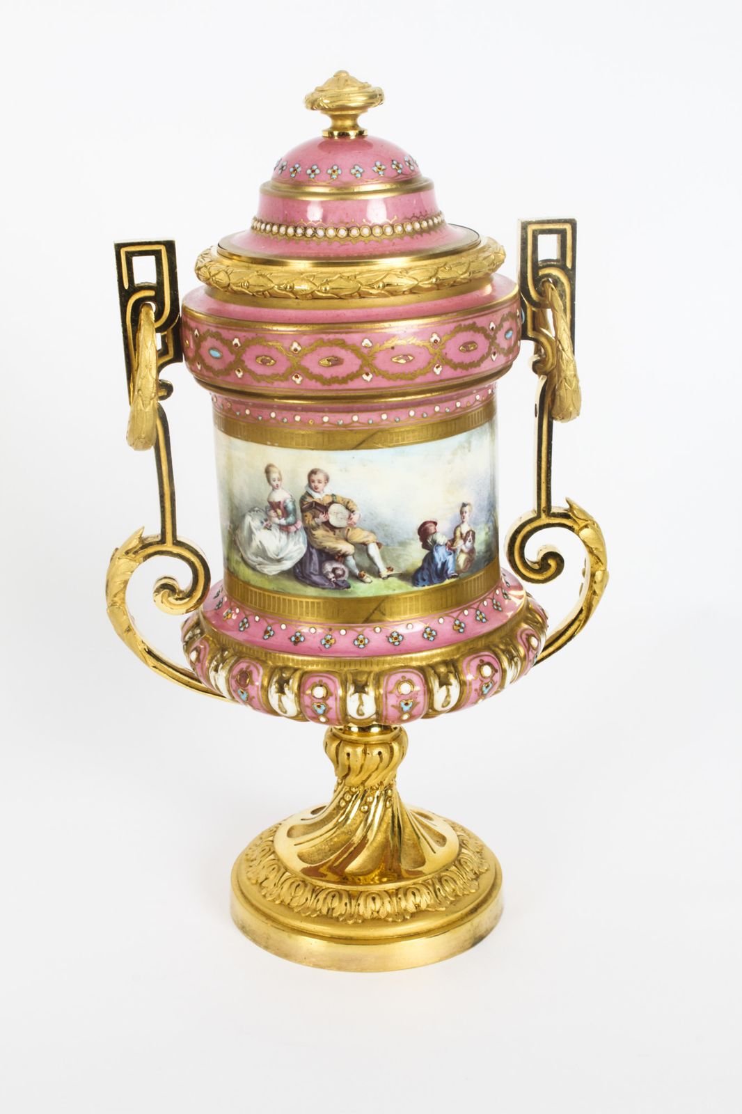 Home Decor Antique Pair French Ormolu Mounted Pink Sevres Lidded Vases 19th C photo
