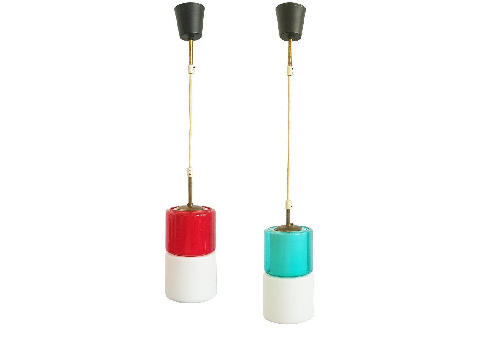 Brass & White, Azure And Red Glass Shades Pendant Lamps 1950s Set Of 2