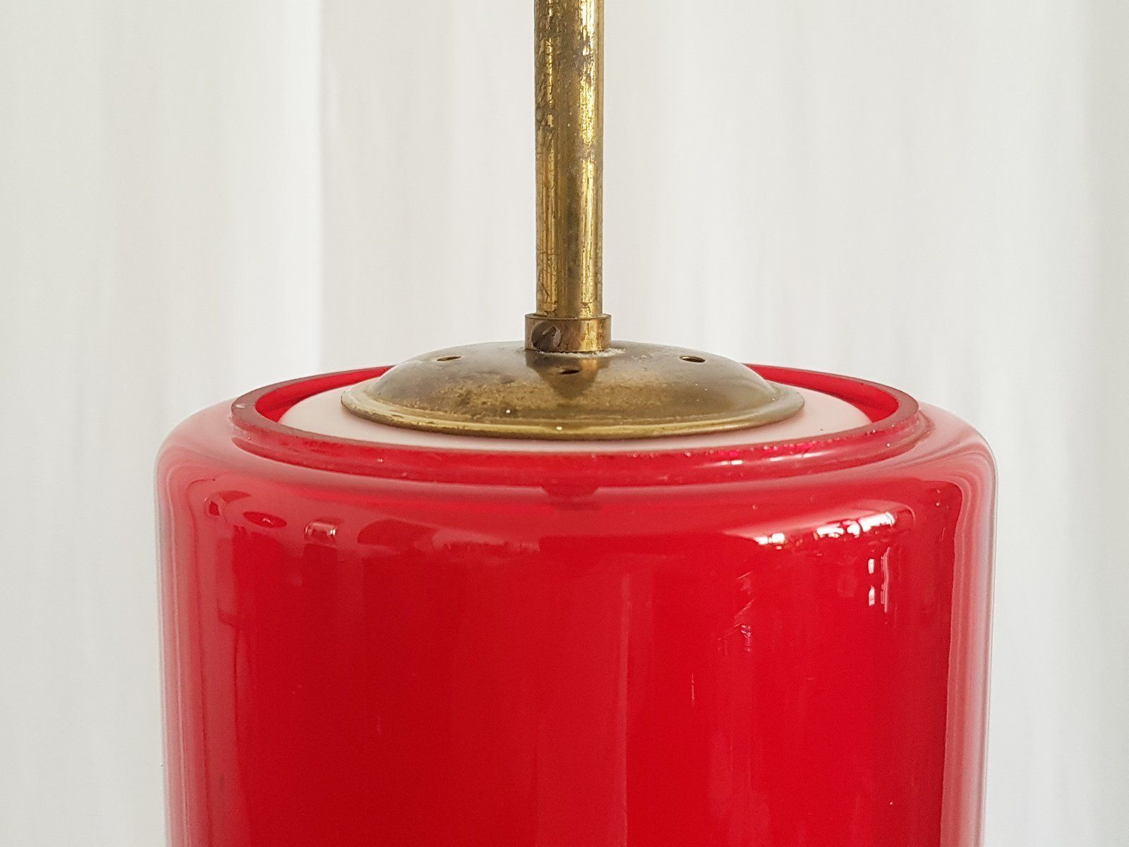 Brass & White, Azure And Red Glass Shades Pendant Lamps 1950s Set Of 2 photo 1084.0