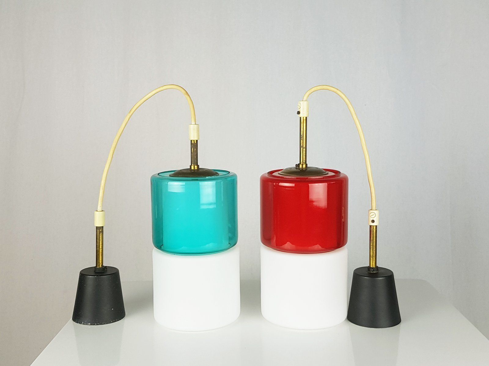 Brass & White, Azure And Red Glass Shades Pendant Lamps 1950s Set Of 2 photo buy