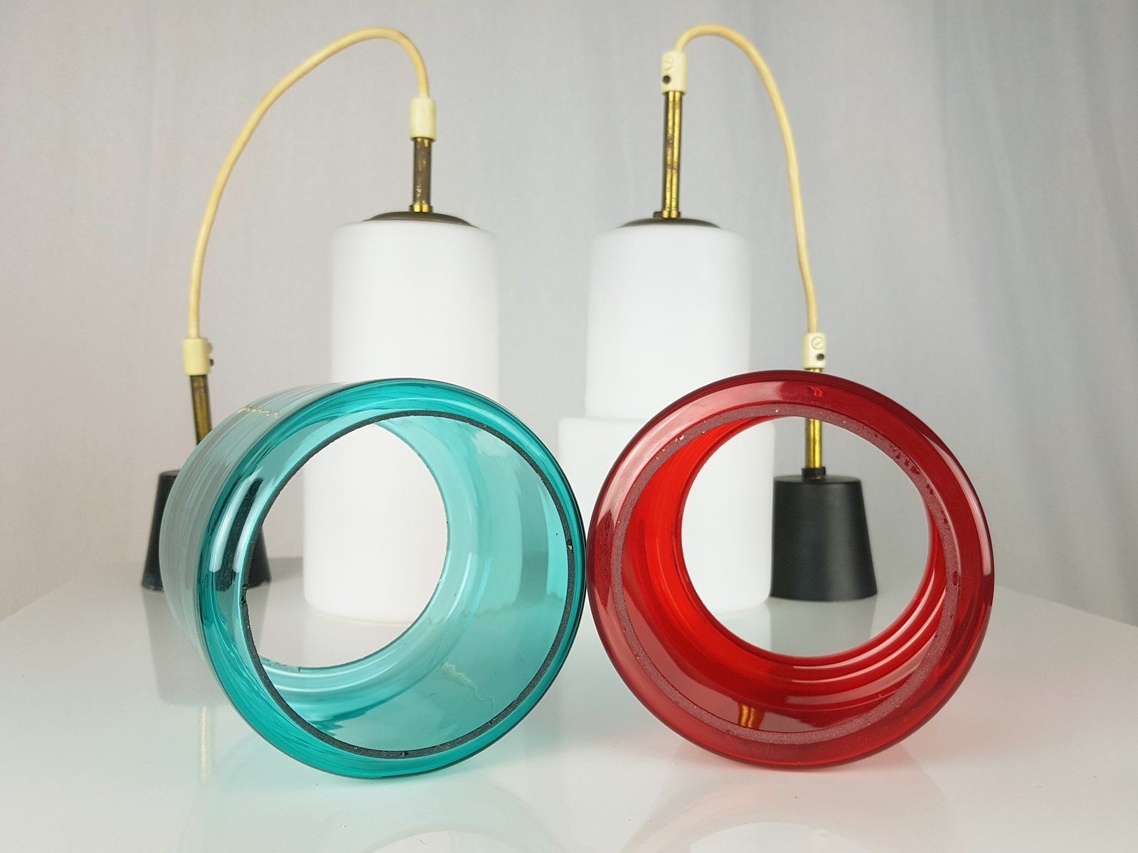 photo for sale Brass & White, Azure And Red Glass Shades Pendant Lamps 1950s Set Of 2