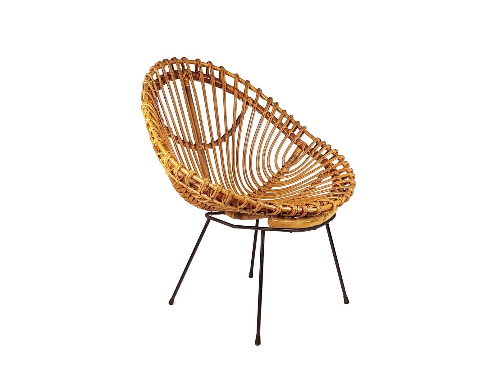 Mid Century Italian Rattan And Black Metal Armchair