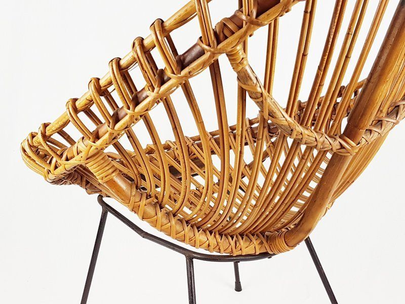 photo for sale Mid Century Italian Rattan And Black Metal Armchair
