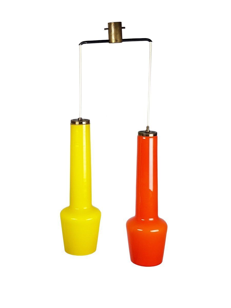 Orange And Yellow Murano Glass And Brass Pendant Lamp From Stilnovo