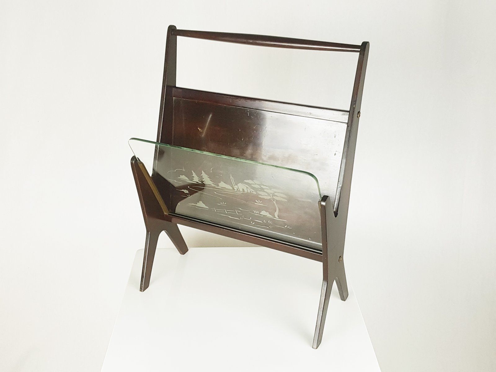 Italian Stained Plywood And Decorated Glass Magazine Rack 1950s photo Home Decor