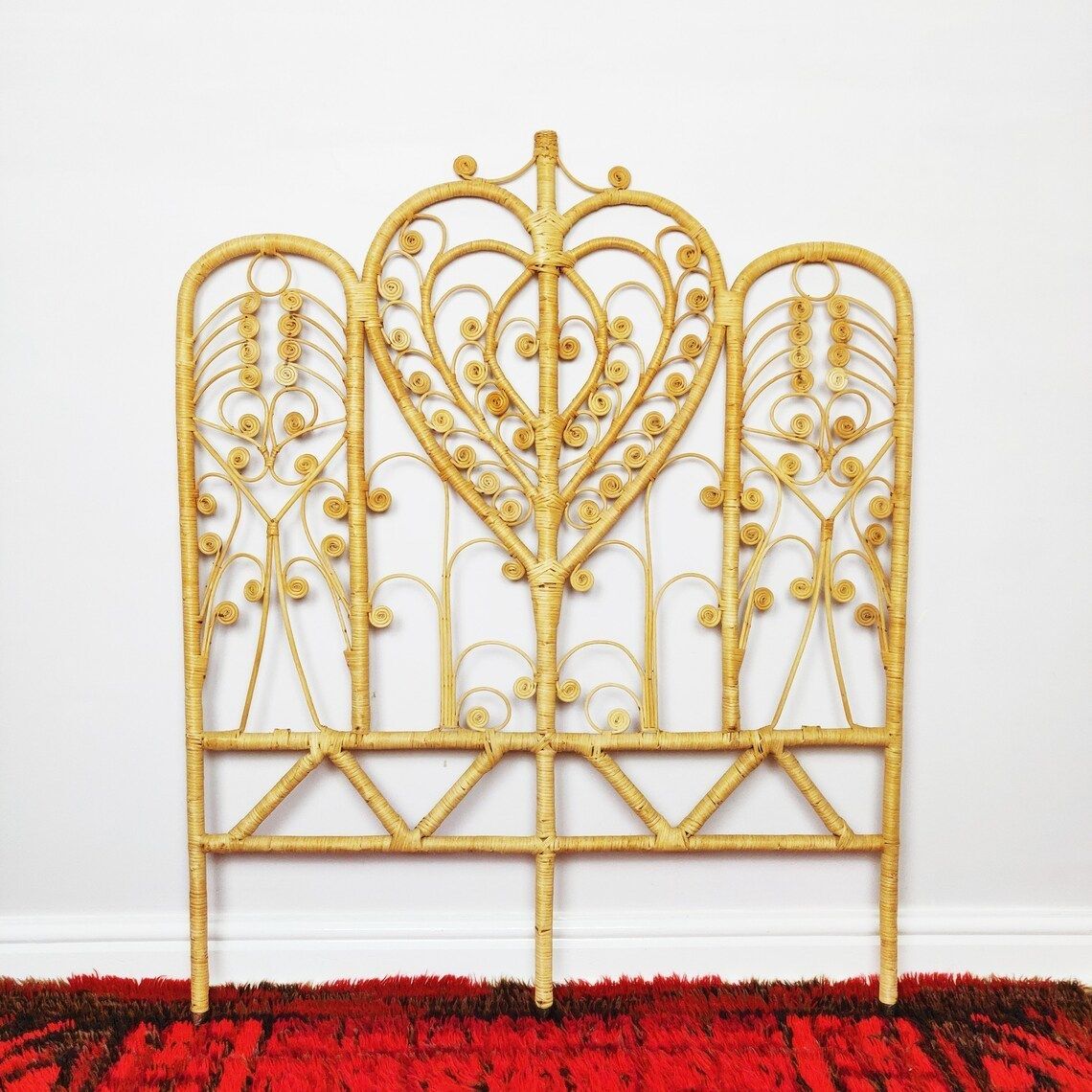 Vintage Peacock Bamboo Rattan Wicker Single Headboard, Mid Century Tiki Boho Bedroom photo furniture
