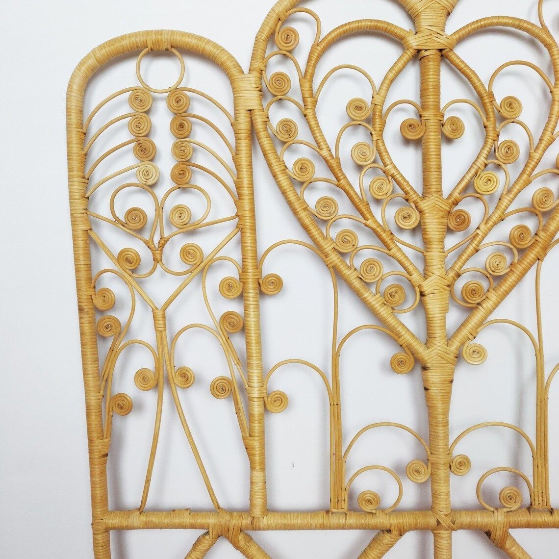 Vintage Peacock Bamboo Rattan Wicker Single Headboard, Mid Century Tiki Boho Bedroom photo buy