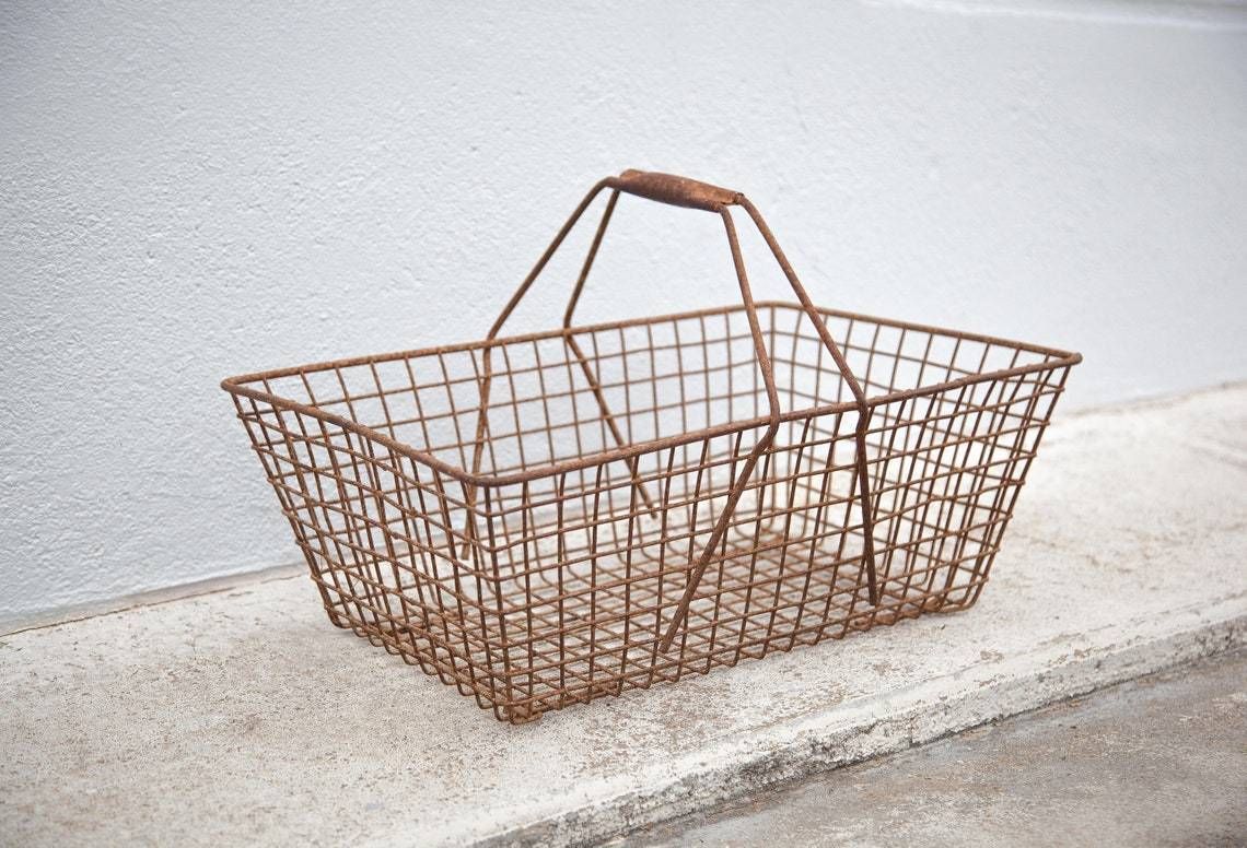 Vintage Metal Basket, Handle Basket, Old Basket, Metal Basket