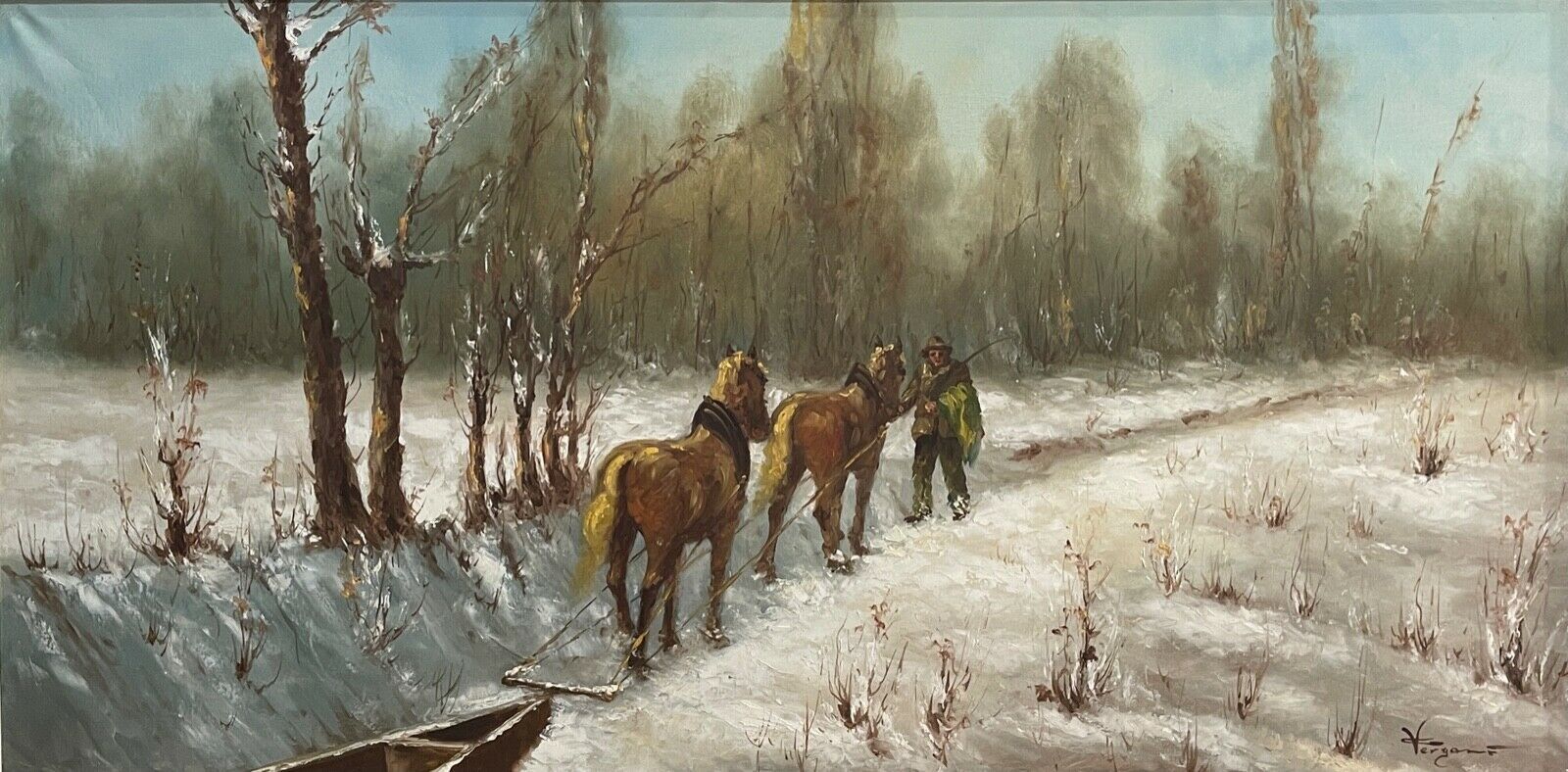 Painting Oil On Canvas XX, "Snowfall At The Park", Signed C. Vergani photo furniture
