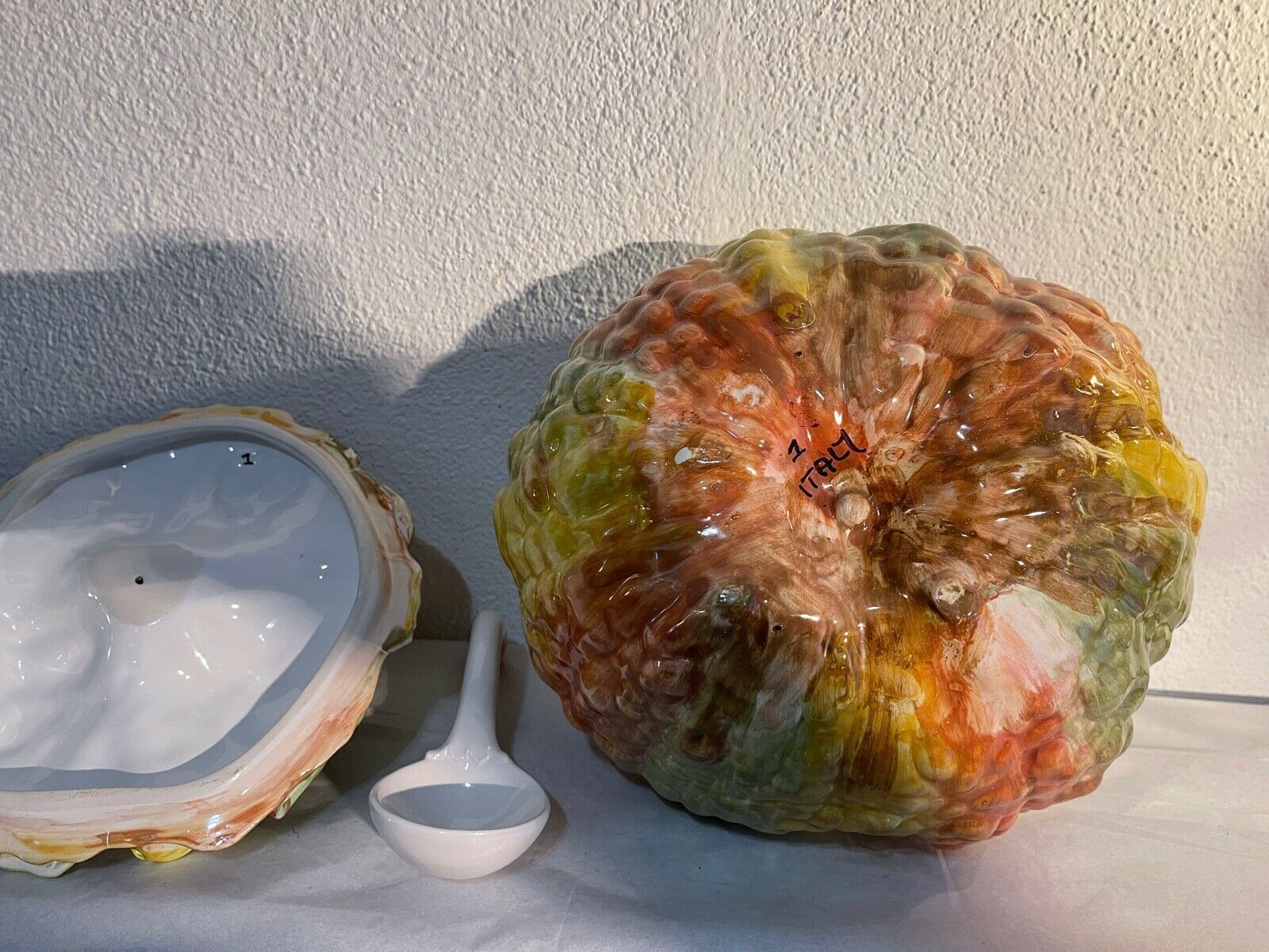 Tureen Rustic Vintage, Ceramic Handpainted, Pumpkin Shaped With Veil photo vinterior