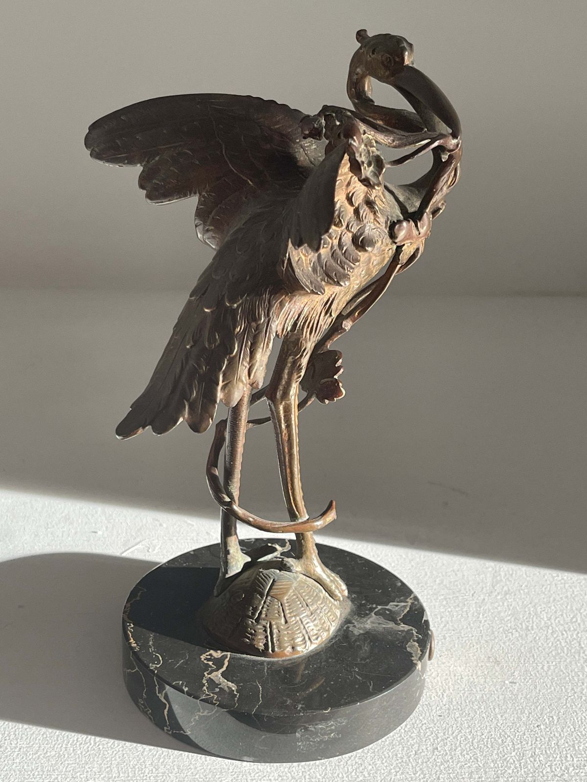 photo for sale Exceptional Antique Gilt Bronze Bronze Sculpture Of A Crane Sat Atop A Turtle On Marble Plinth Circa 1890