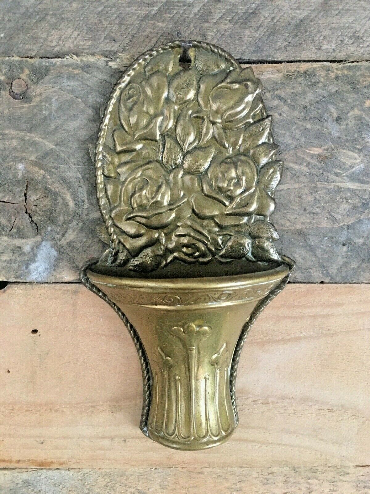 Fine Antique English Brass Repousse Work Wall Pocket Spill Vase Holder Rose 1052 photo 60.0