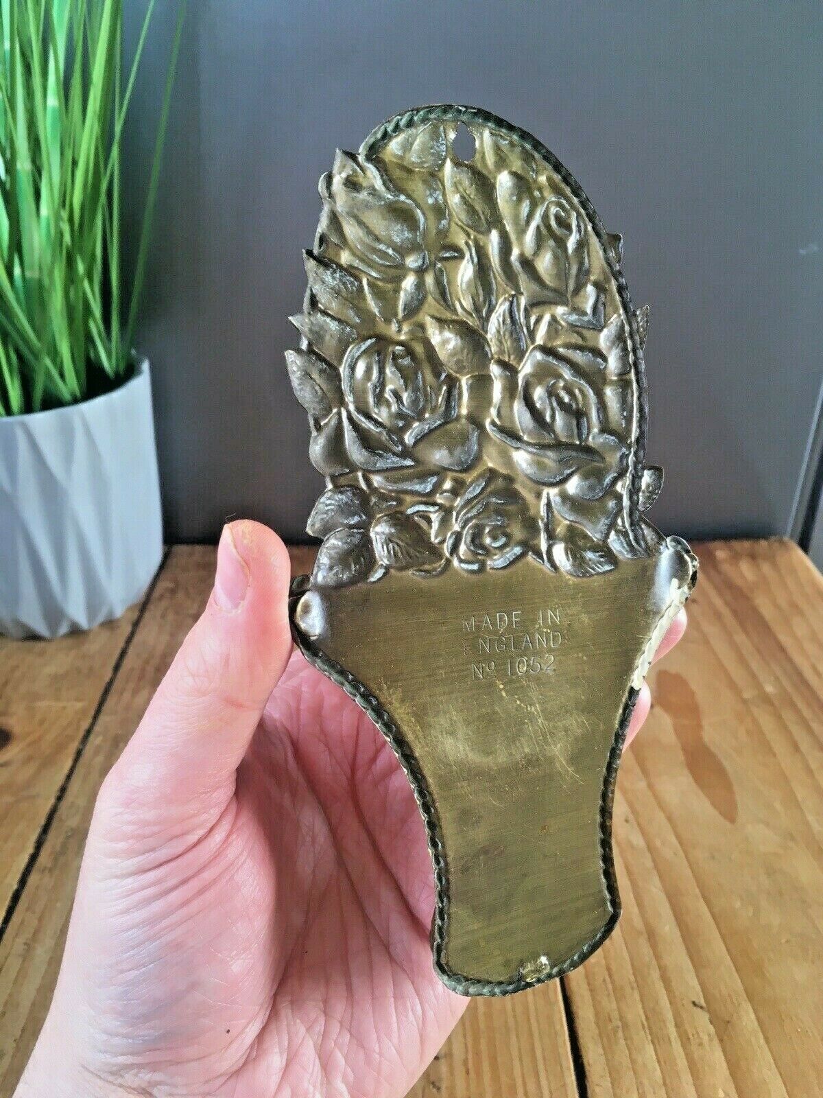 60.0 Fine Antique English Brass Repousse Work Wall Pocket Spill Vase Holder Rose 1052 photo