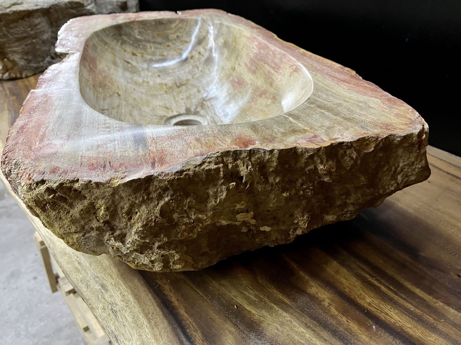 photo furniture Petrified Wood Sink In Beige/ Grey/ Red & Yellow Tones, Top Quality, Organic Modern, 2021
