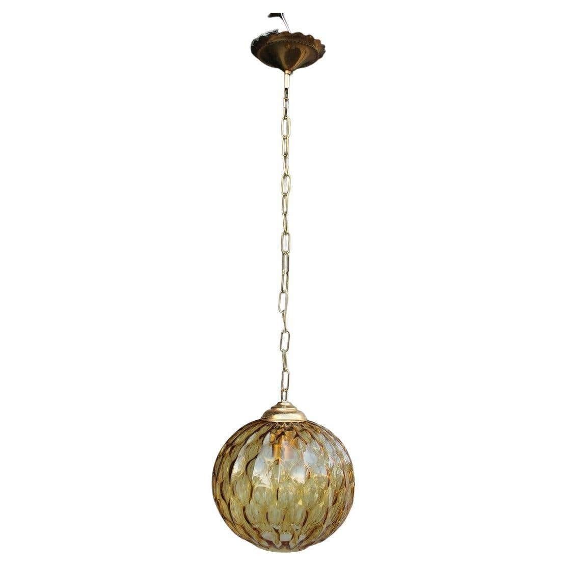 Italian Ceiling Ball Chandelier Venini Yellow Brass Chain, Italy, 1950s