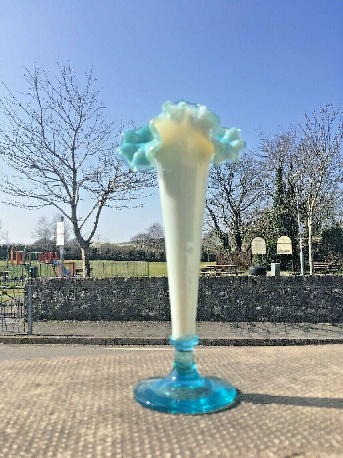 photo for sale Antique 19th C Victorian Blue Milk Vaseline Glass Opalescent Ruffled Bud Vase