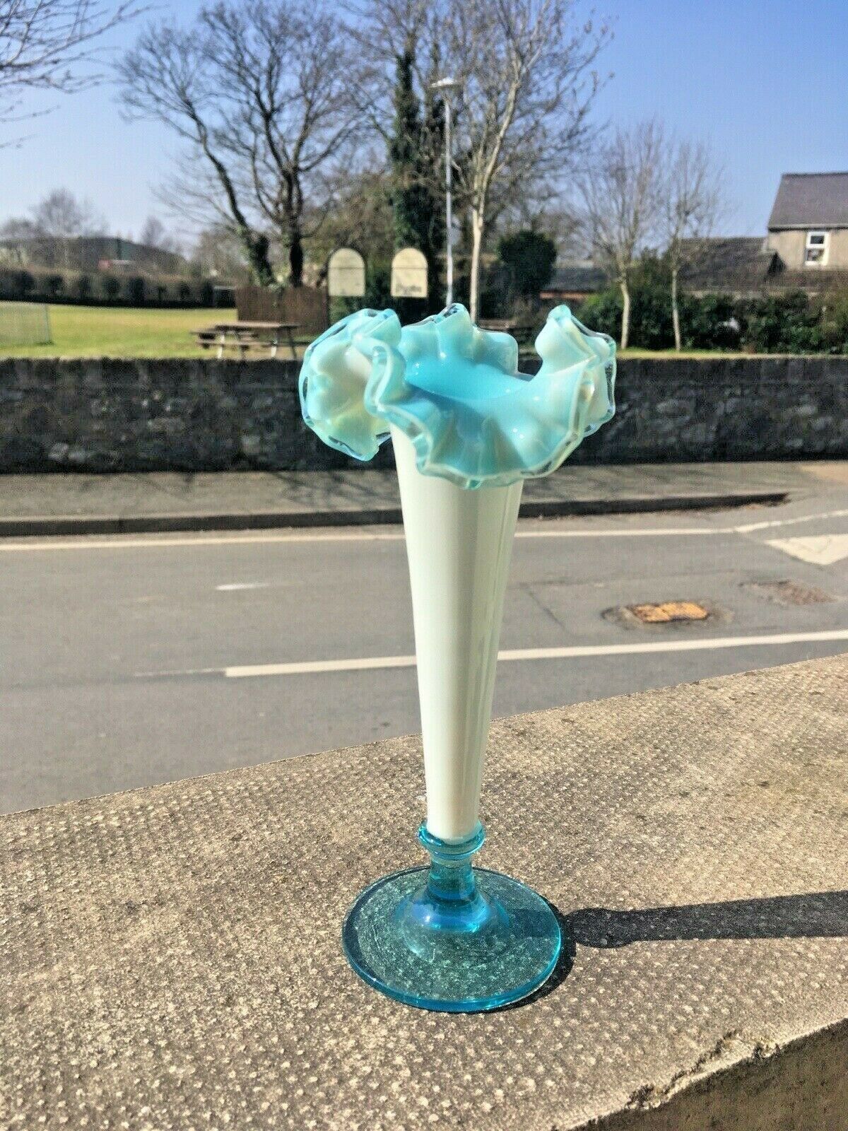 Home Decor Antique 19th C Victorian Blue Milk Vaseline Glass Opalescent Ruffled Bud Vase photo
