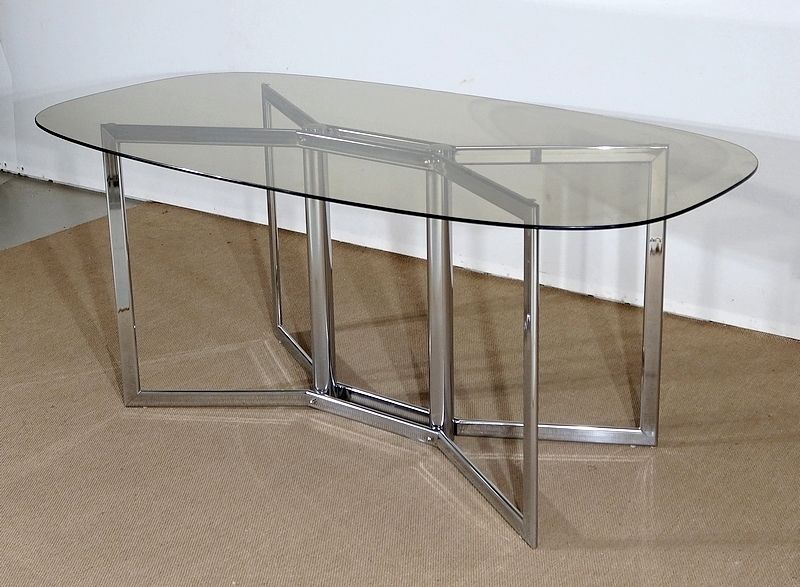 Modernist Table In Chromed Metal And Smoked Glass, 1970s photo for sale