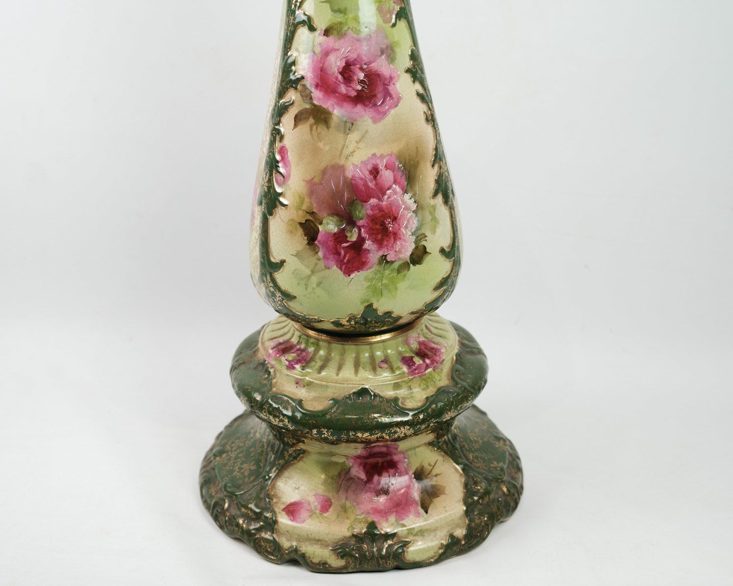 Faience / Flower Arrangement Decorated With Flowers In Shades Of Green With Beautiful Pink Flowers. photo Home Decor