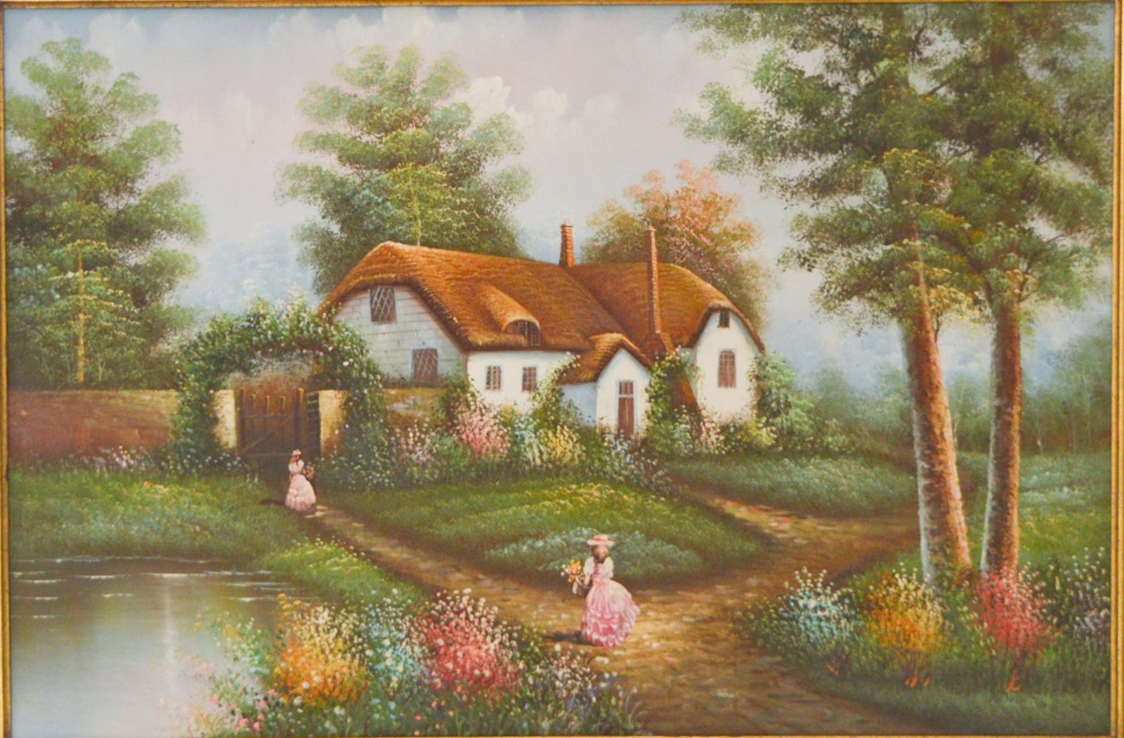 1960s Huge Oil Painting On Canvas, Ornate Gold Gilt Frame 110x80 Cm, Victorian Cottage Summer Garden, Ladies In Pink Dresses Picking Flowers photo furniture