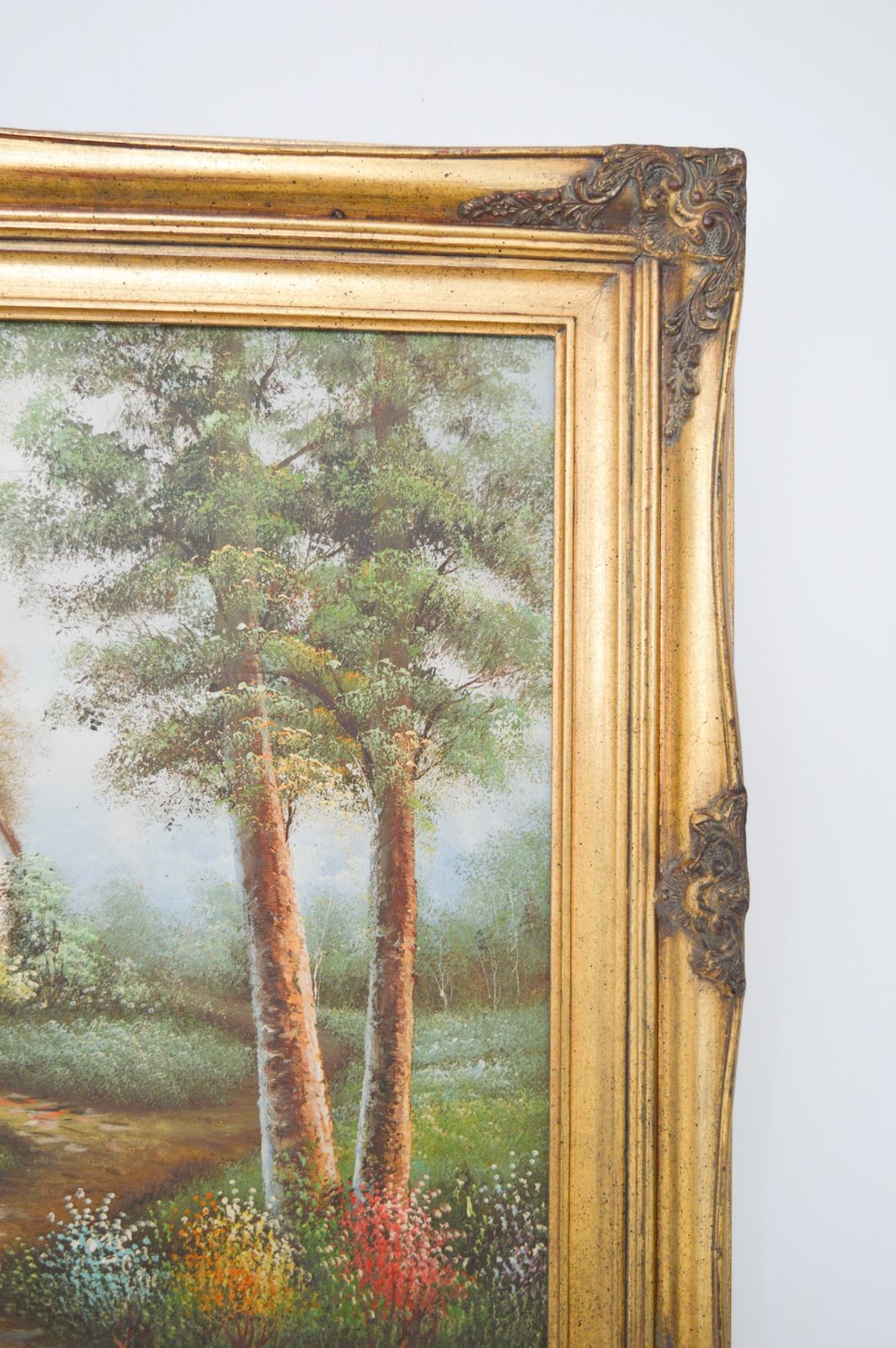 1960s Huge Oil Painting On Canvas, Ornate Gold Gilt Frame 110x80 Cm, Victorian Cottage Summer Garden, Ladies In Pink Dresses Picking Flowers photo vintage