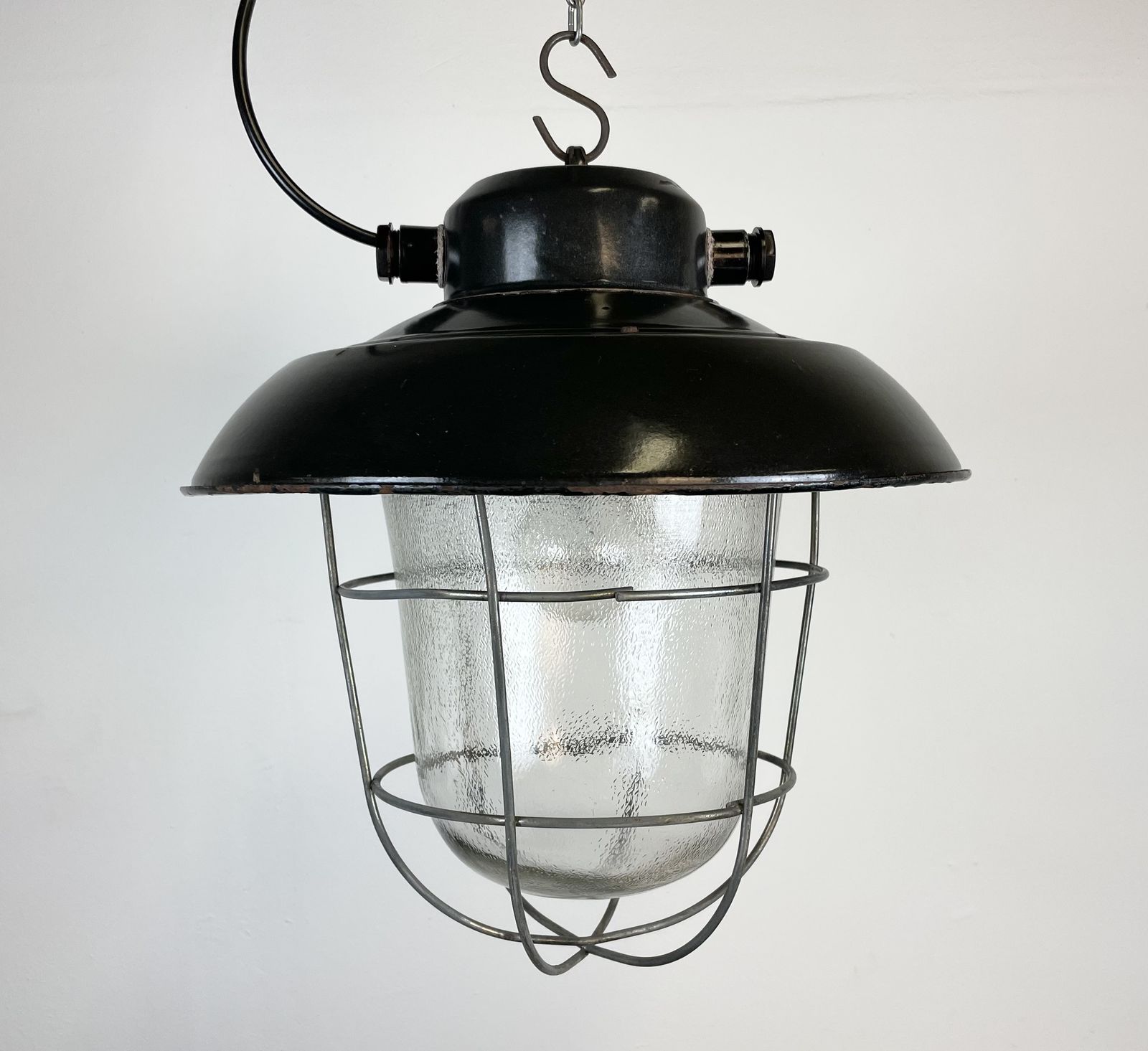 photo for sale Industrial Black Enamel Factory Hanging Lamp, 1960s
