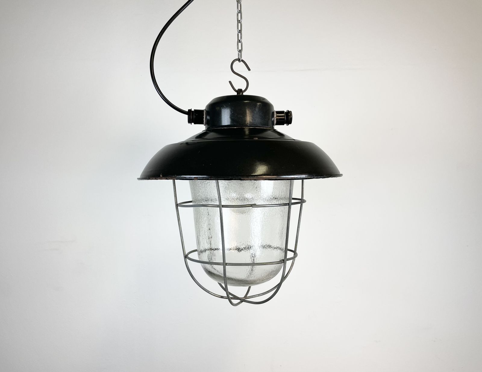 photo buy Industrial Black Enamel Factory Hanging Lamp, 1960s