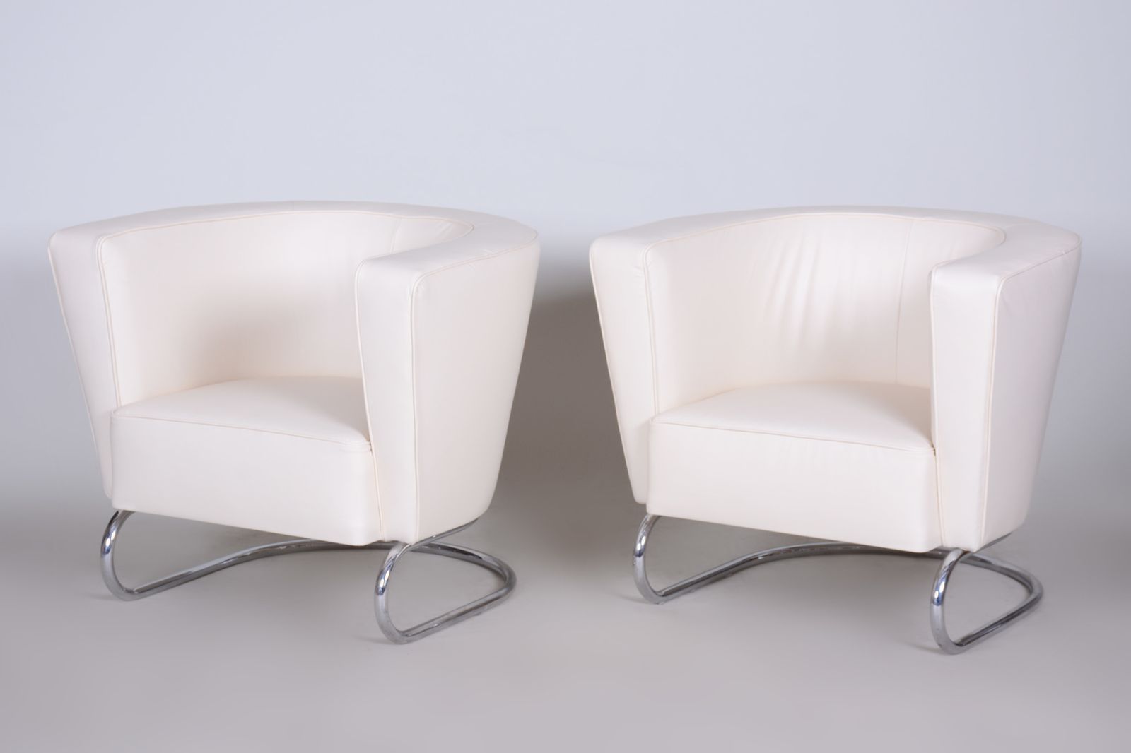 photo for sale White Leather Halabala Armchairs Made In 1930s Czechia   Fully Restored