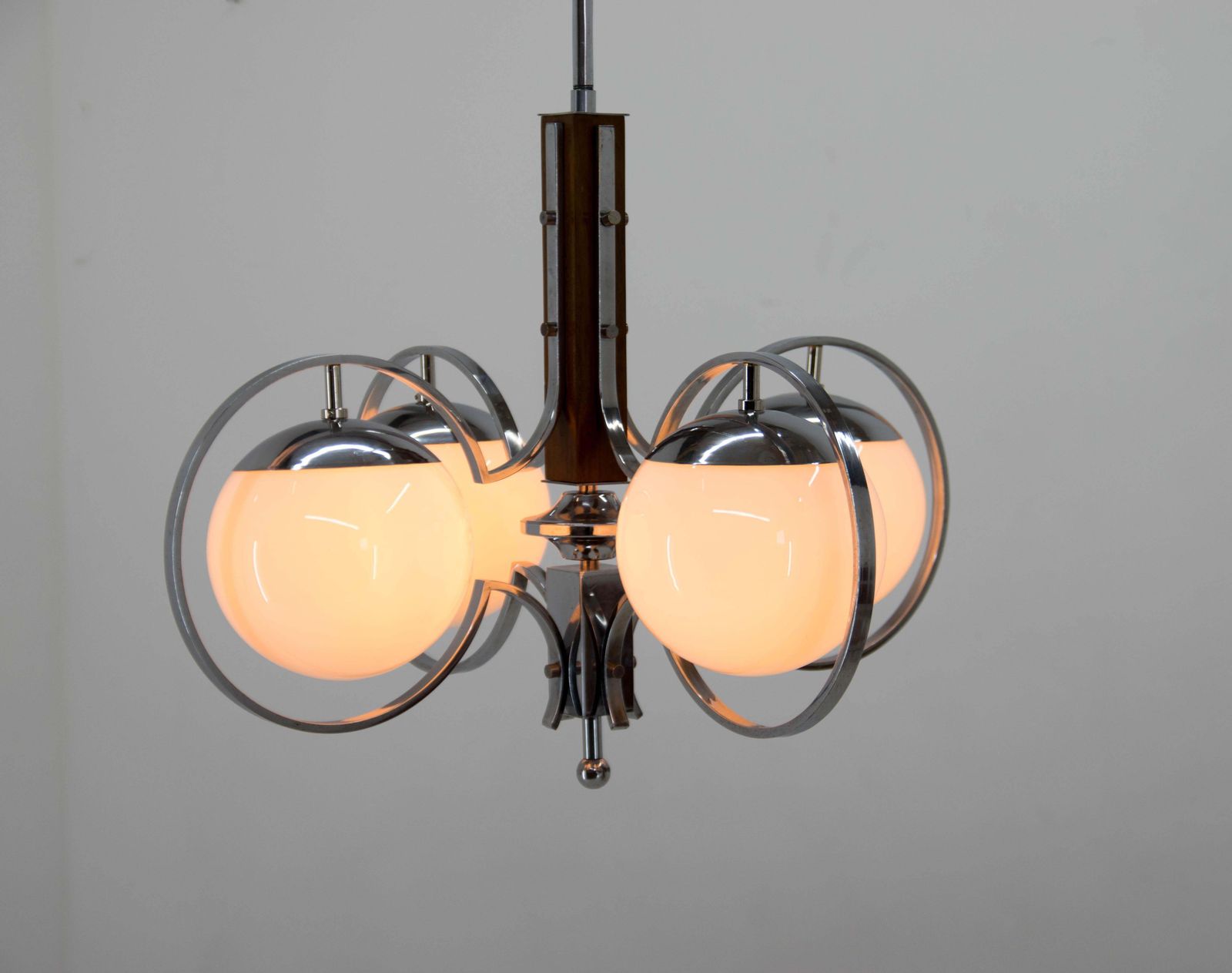 Art Deco Opaline Glass Wood And Chrome Chandelier photo furniture