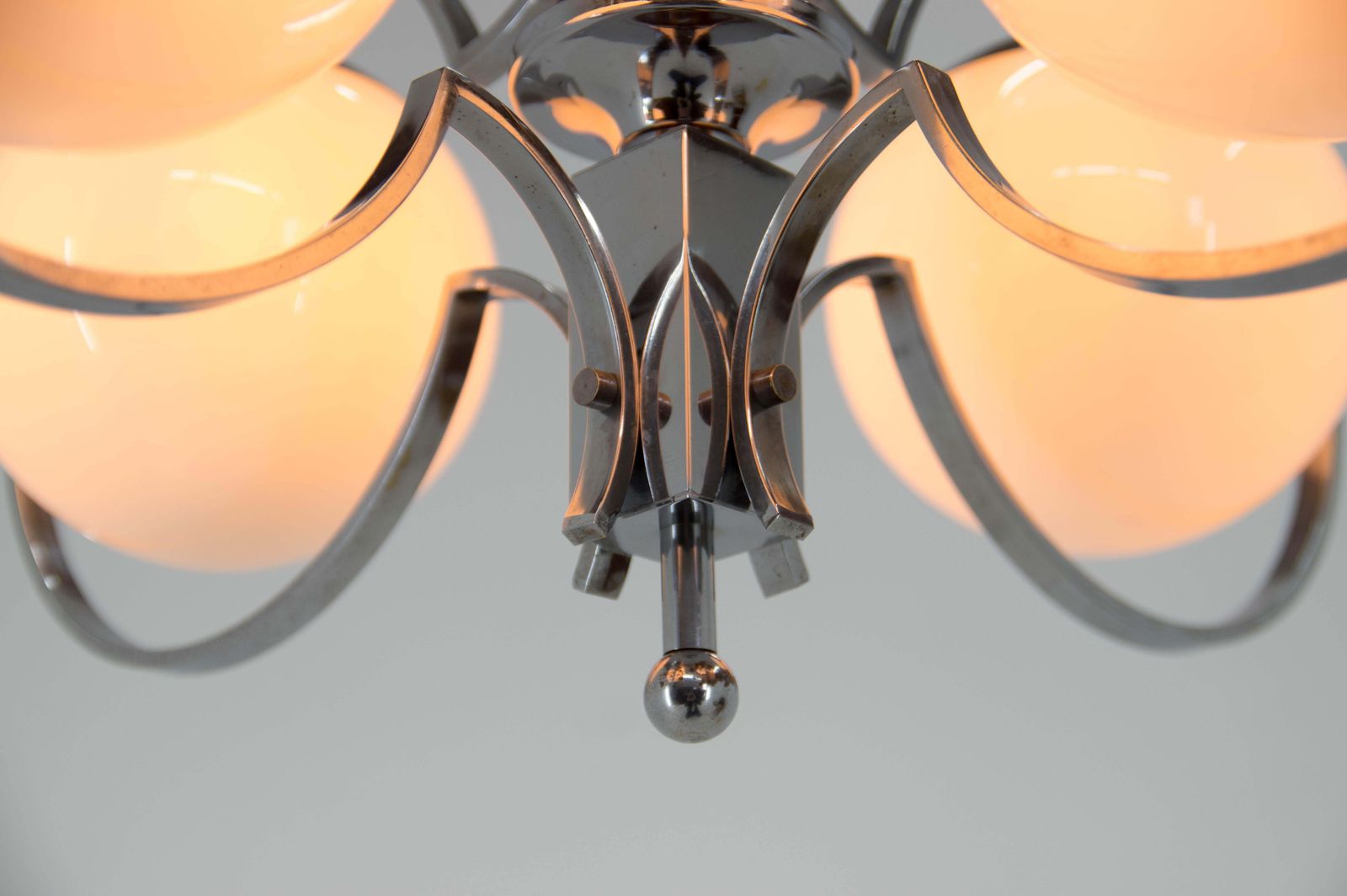 Art Deco Opaline Glass Wood And Chrome Chandelier photo buy