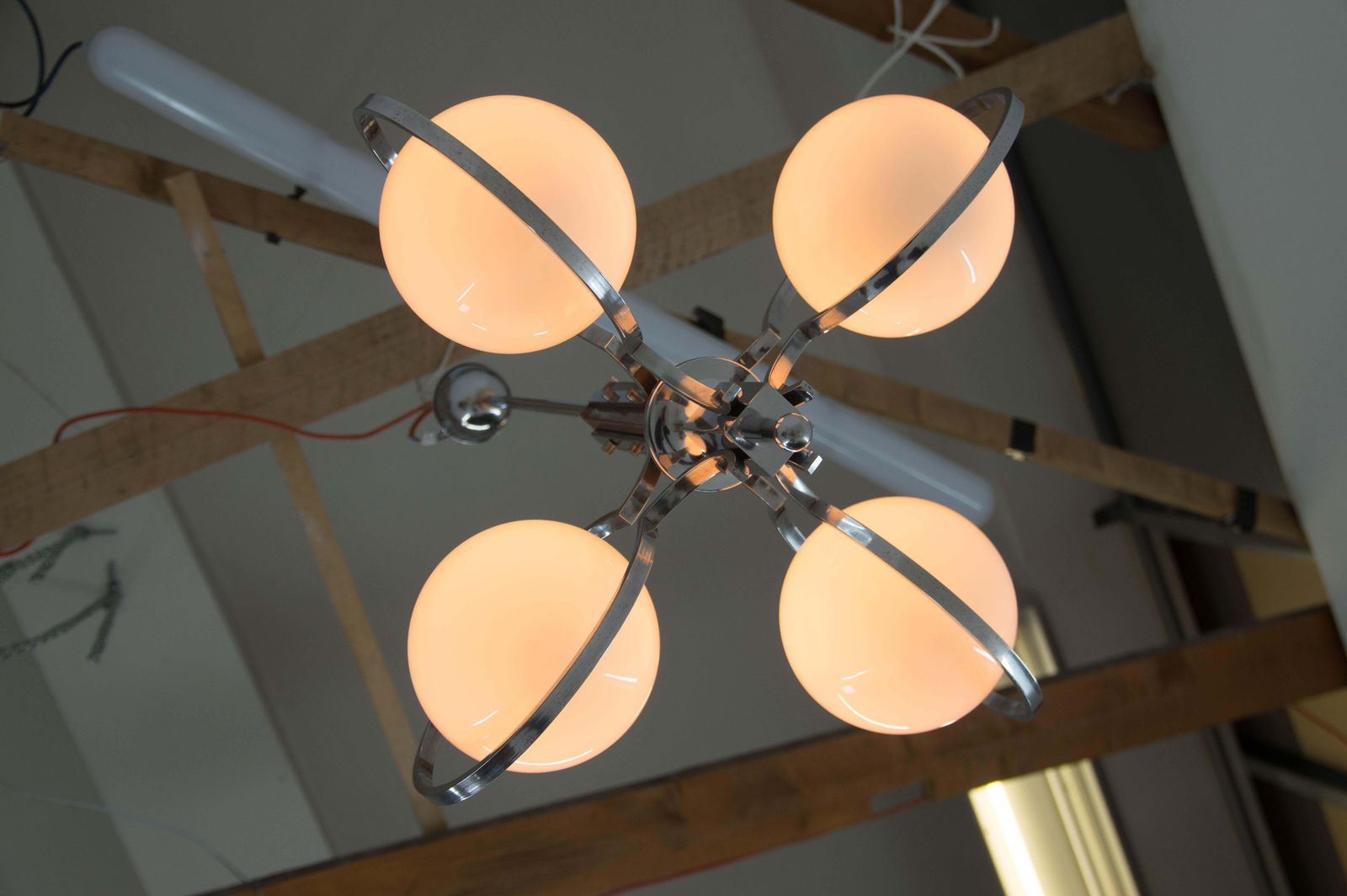 Art Deco Opaline Glass Wood And Chrome Chandelier photo vintage