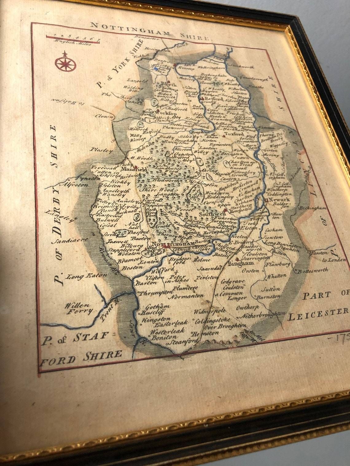 Antique Nottingham Shire Map By Thomas Read John Rocque 18th Century Hand Coloured In Hogarth Frame (Dd) photo furniture