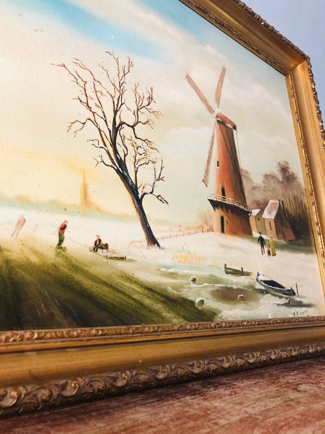 Winter Frozen Wintery Scene   Oil Painting In Gold Gilt Chunky Frame   River Snow Windmill (Hh) photo for sale