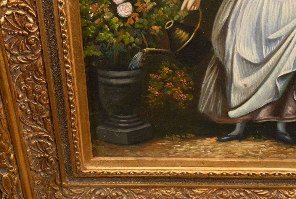Victorian Oil Painting Gardening Lady Portrait Gilt Frame photo vintage