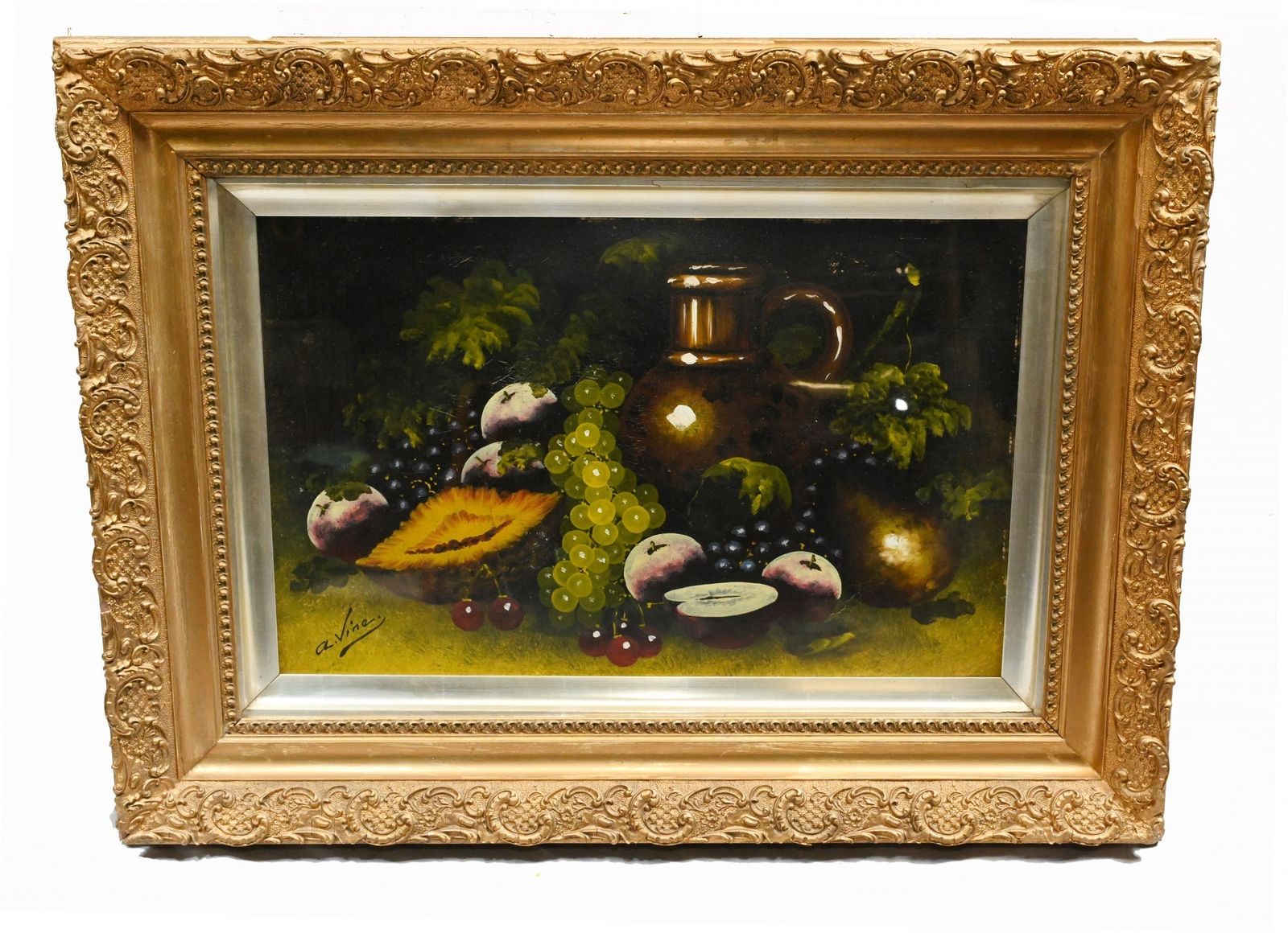 photo for sale Pair French Still Life Oil Paintings Horn Of Plenty Signed