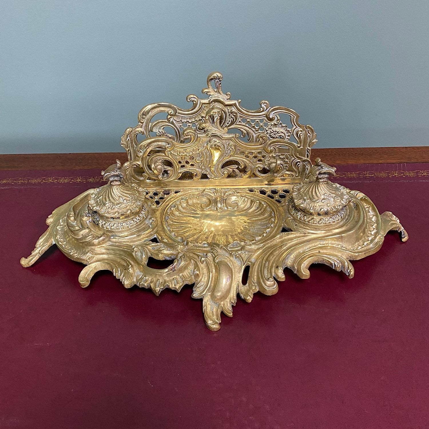 Superb Quality Antique Brass Inkwell Letter Holder Desk Set