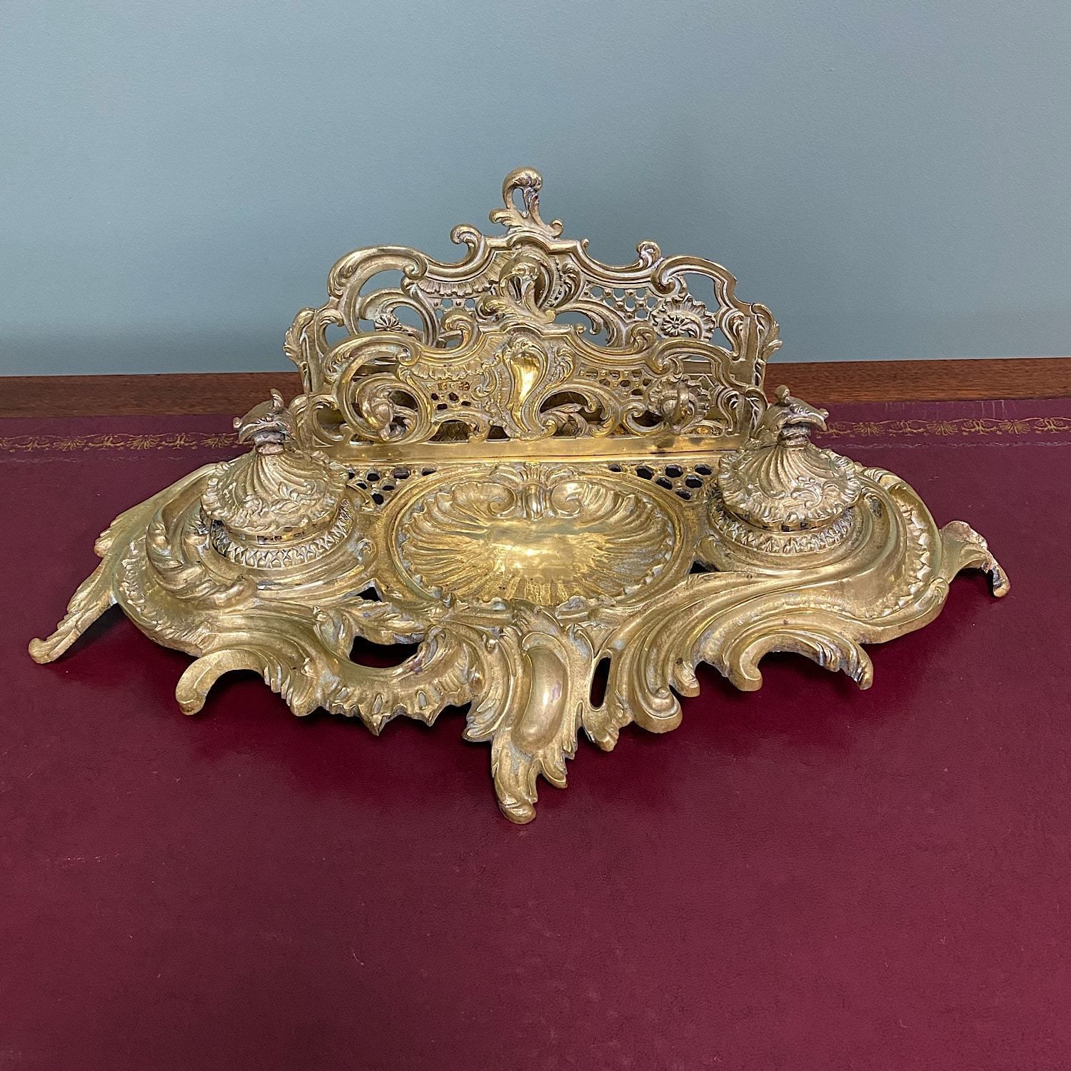 Superb Quality Antique Brass Inkwell Letter Holder Desk Set photo furniture